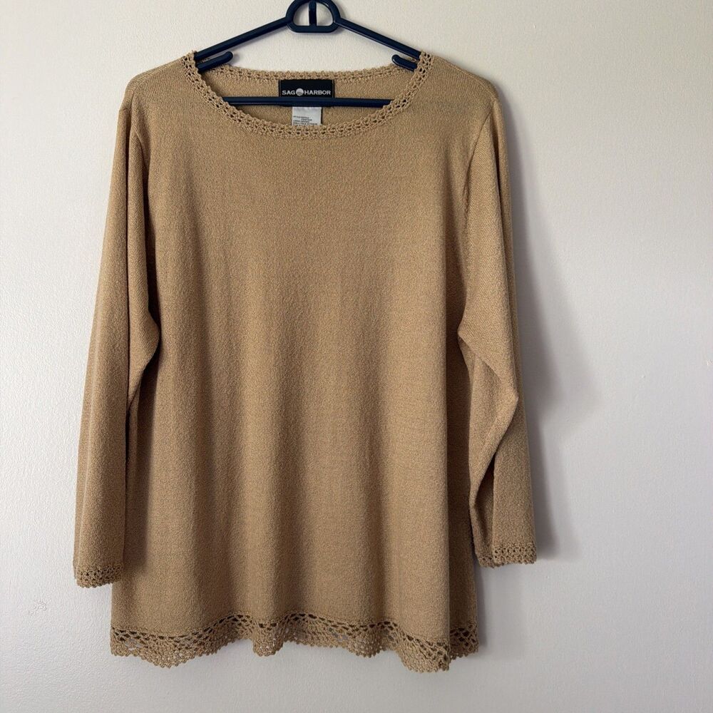 VTG Sag Harbor Beige Knit Pullover Sweater Crochet Lace Trim Women Large